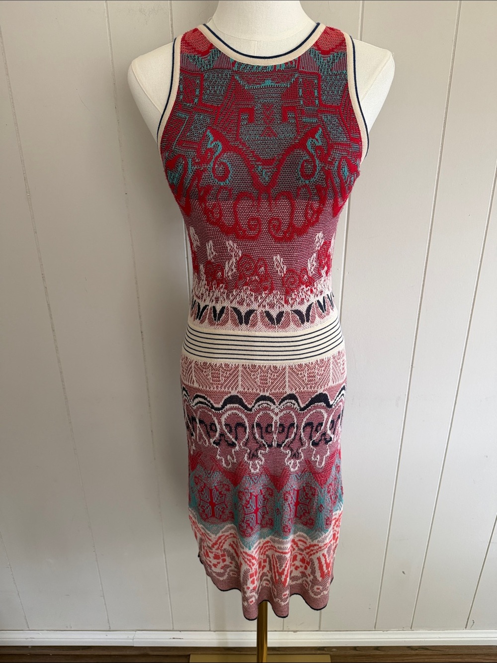 IVKO Wool Blend Knit Midi Dress Jacquard Small Wearable Art Boho Artisanal